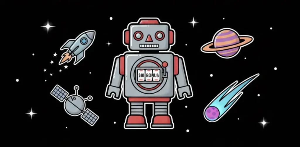 Space dome with slot machines and $10 deposit display for casino promotions on Freeslots99