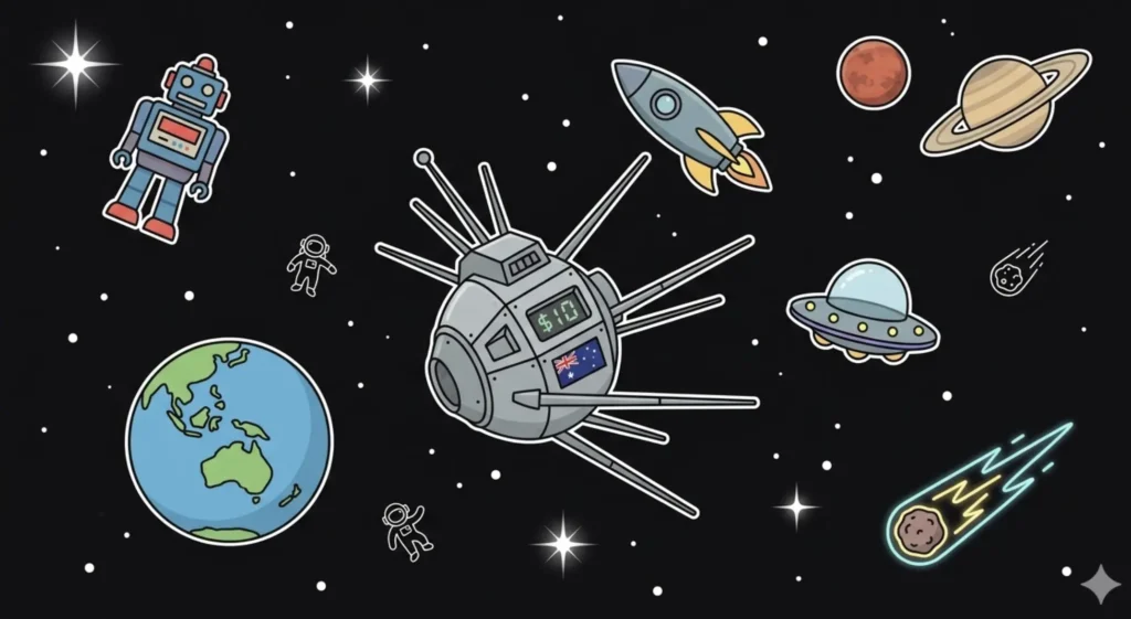 Australian satellite showing '$10' and flag in space with robot and astronauts, representing $10 PayID casino deposits at FreeSlots99