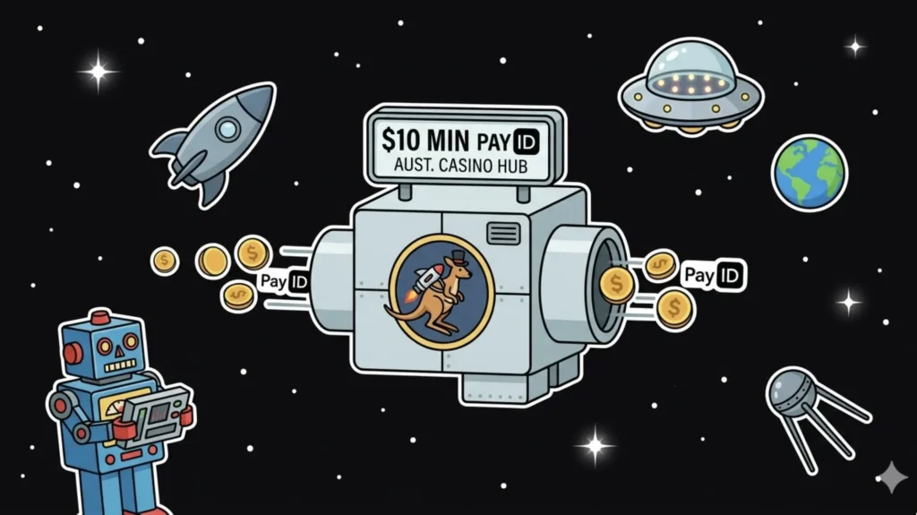 Space casino machine with '$10 Min PayID' sign and kangaroo logo, illustrating $10 PayID casinos