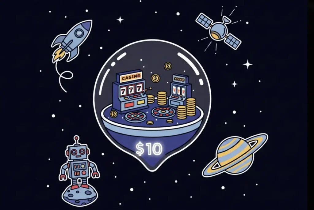 Robot showing $10 bonus on chest screen in space theme for casino deposit