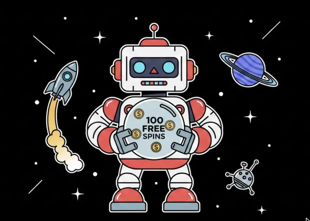 Robot astronaut holding 100 Free Spins coin disk in space for casino deposit bonus promo