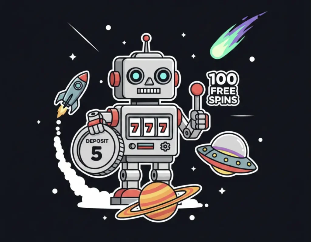 Cartoon robot slot machine in space displaying Deposit 5 Get 100 Free Spins offer at FreeSlots99