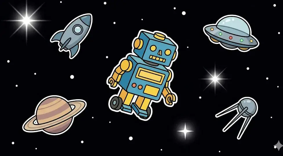 Toy robot floating in space with Saturn, UFO and sputnik — retro-futuristic casino theme illustration for freeslots99.com