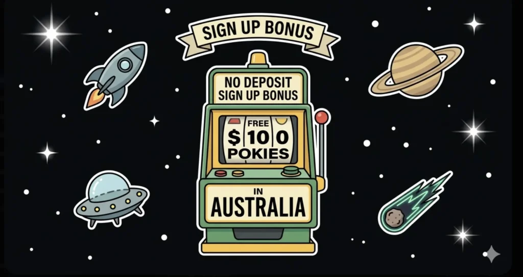 Space slot machine showing '$100 Free Pokies No Deposit Sign Up Bonus in Australia', representing pokies sign up offer