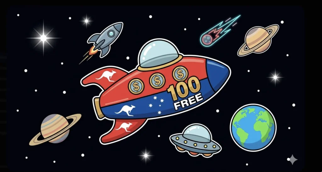 Australian-themed rocket with kangaroos and '100 Free' coins in space, illustrating $100 pokies no deposit sign up bonus at FreeSlots99
