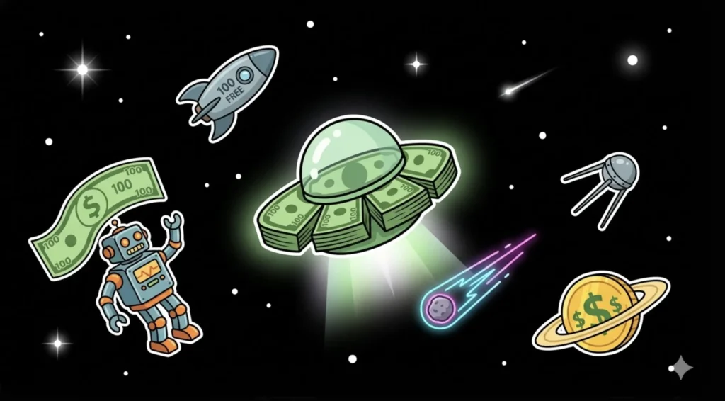 Money UFO glowing in space with robot holding $100 bill and '100 Free' rocket, representing $100 no deposit casino bonus at FreeSlots99