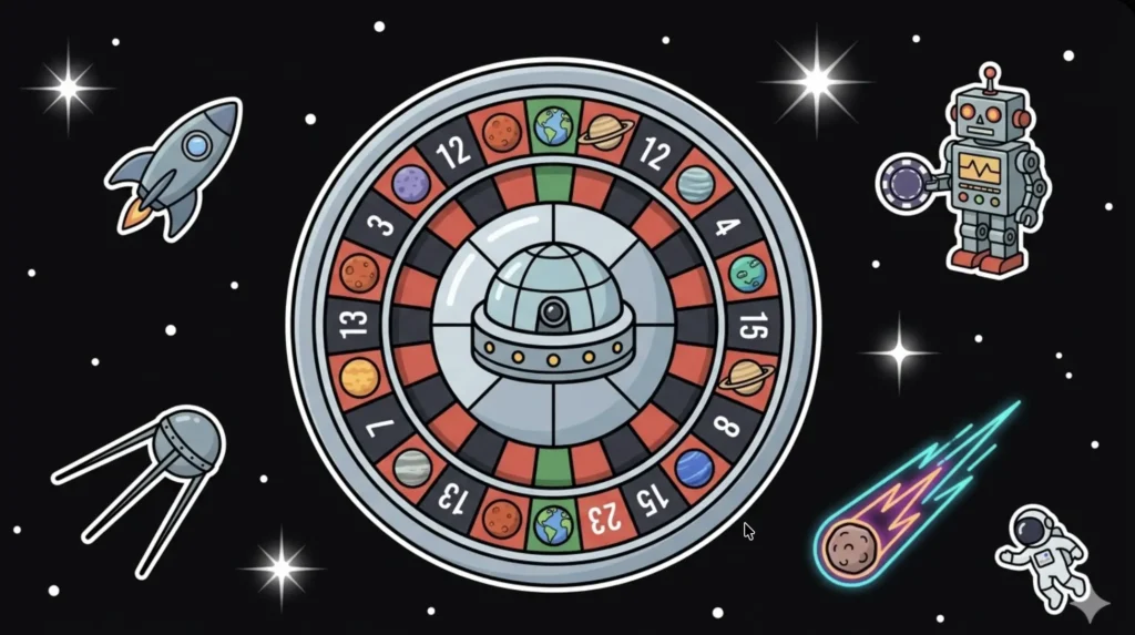 Space roulette wheel with planet symbols and robot holding chip, illustrating $100 no deposit casino bonus NZ at FreeSlots99