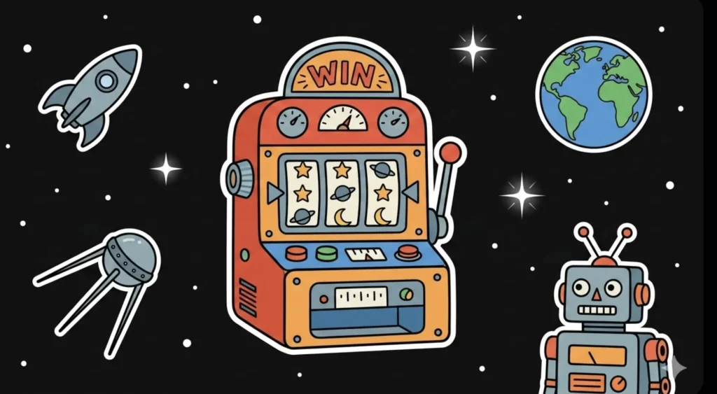 Space-themed slot machine showing WIN with stars and planets, representing 1000 free spins casino offer at FreeSlots99