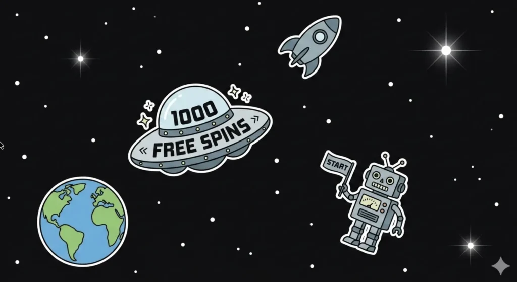 UFO labeled '1000 Free Spins' with robot holding Start flag in space, illustrating 1000 free spins no deposit bonus at FreeSlots99