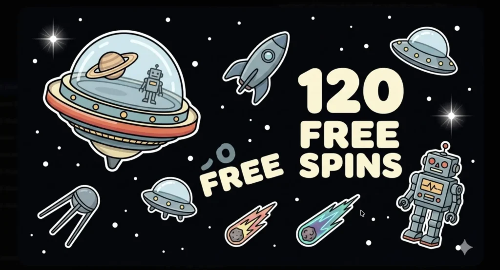Space UFO with robot and '120 Free Spins' text surrounded by rockets and comets, illustrating free spins bonus at FreeSlots99