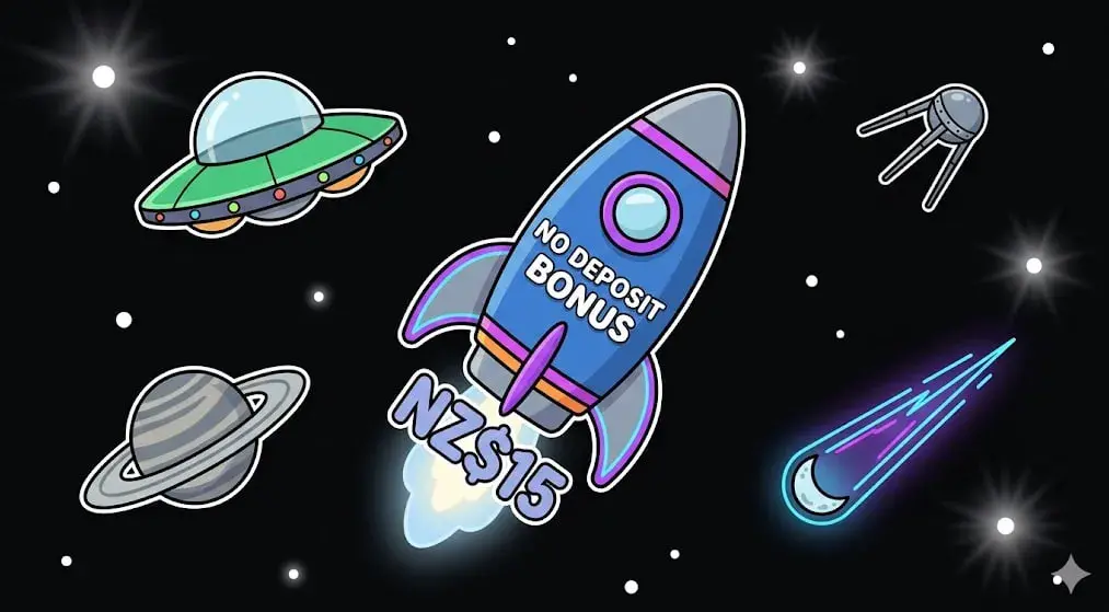 NZ$15 no deposit bonus rocket flying in space for freeslots99.com