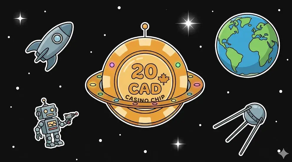 20 CAD casino chip as Saturn ring in space with robot — Canadian casino deposit illustration for freeslots99.com