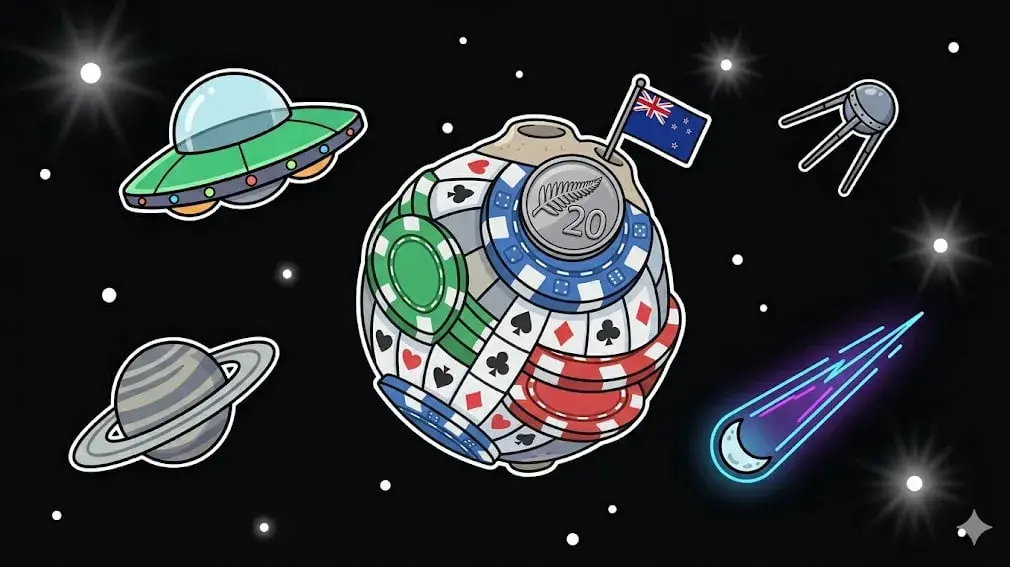 Casino planet with New Zealand flag and 20 coin in space for freeslots99.com