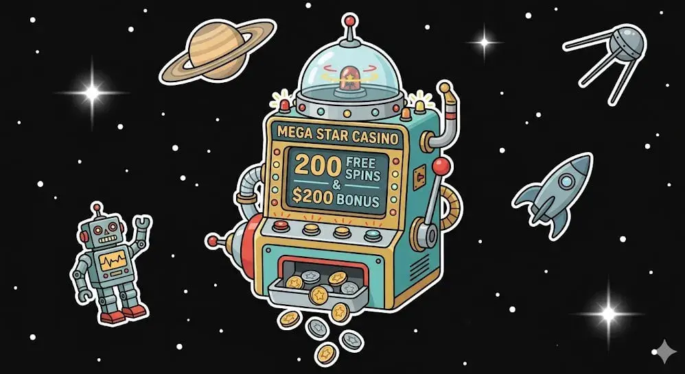 Space slot machine with 200 free spins and $200 bonus with robot — Mega Star Casino illustration for freeslots99.com