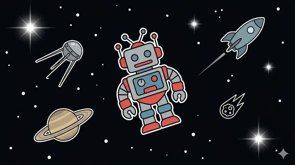 Retro toy robot in space with Saturn and rocket — retro-futuristic casino theme illustration for freeslots99.com