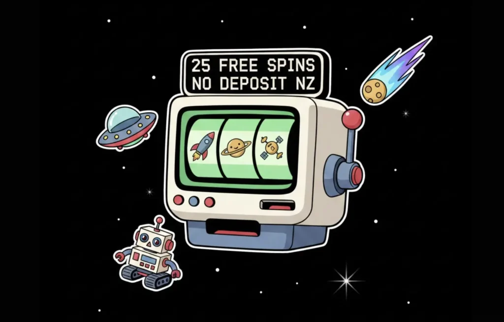 Space-themed slot machine showing 25 Free Spins On Registration No Deposit NZ offer
