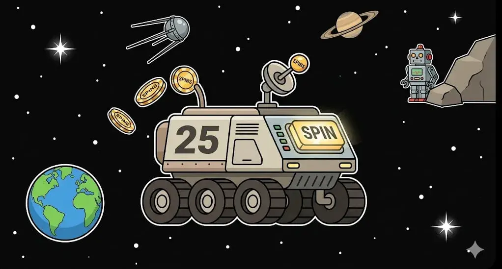 Moon rover with a 25 SPIN button dispensing coins to represent 25 free spins bonuses on freeslots99.com