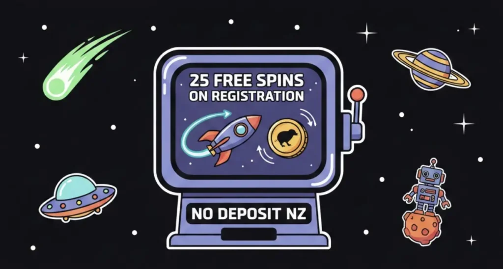 Cartoon slot machine in space with 25 Free Spins On Registration No Deposit NZ