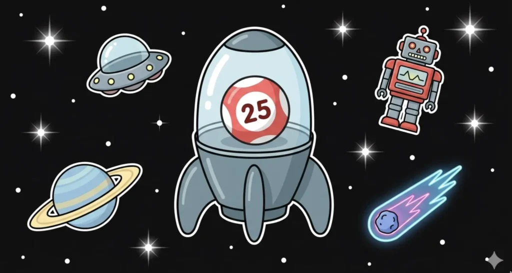 Rocket with bingo ball number 25 floating in space with robot and UFO, illustrating $25 free bingo no deposit bonus at FreeSlots99