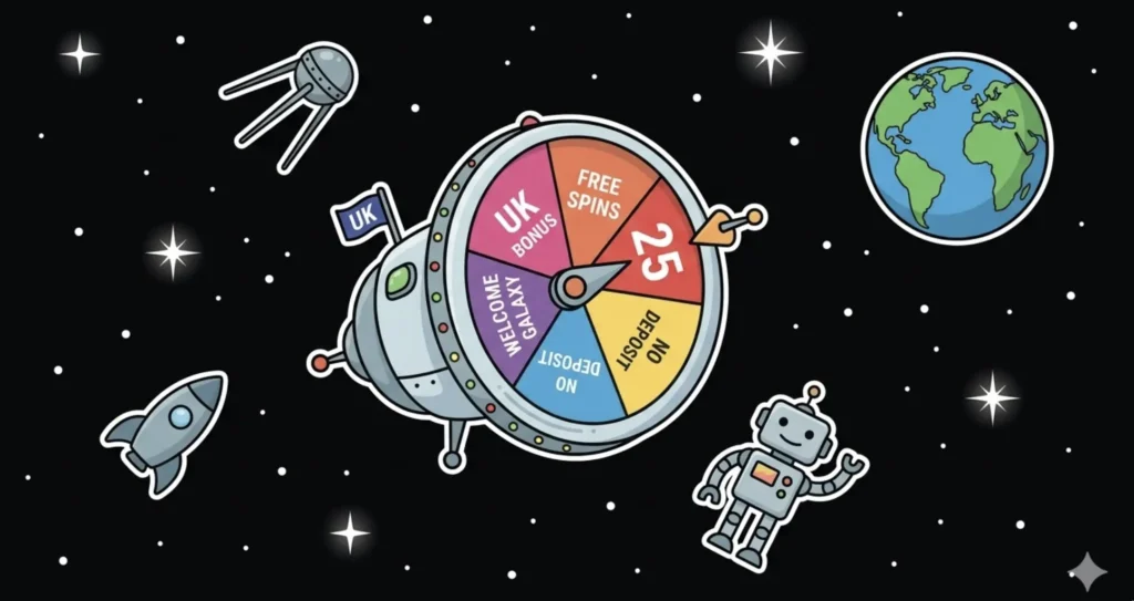 Space bonus wheel showing 'UK Bonus, 25 Free Spins, No Deposit' with robot and rocket, illustrating 25 free spins UK offer at FreeSlots99