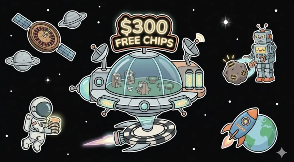 Space UFO casino with $300 Free Chips sign, astronaut holding coins and robot in space