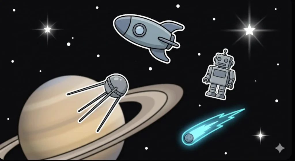 Space scene with Saturn, rocket, satellite and robot, illustrating $300 no deposit bonus offer at FreeSlots99