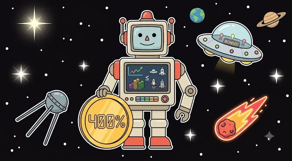 400% Casino Bonus Roboter hält eine Goldmünze im Weltraum für freeslots99.com