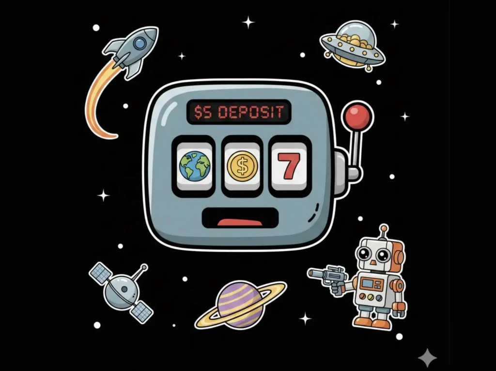 Space slot machine displaying $5 deposit with casino symbols and robot