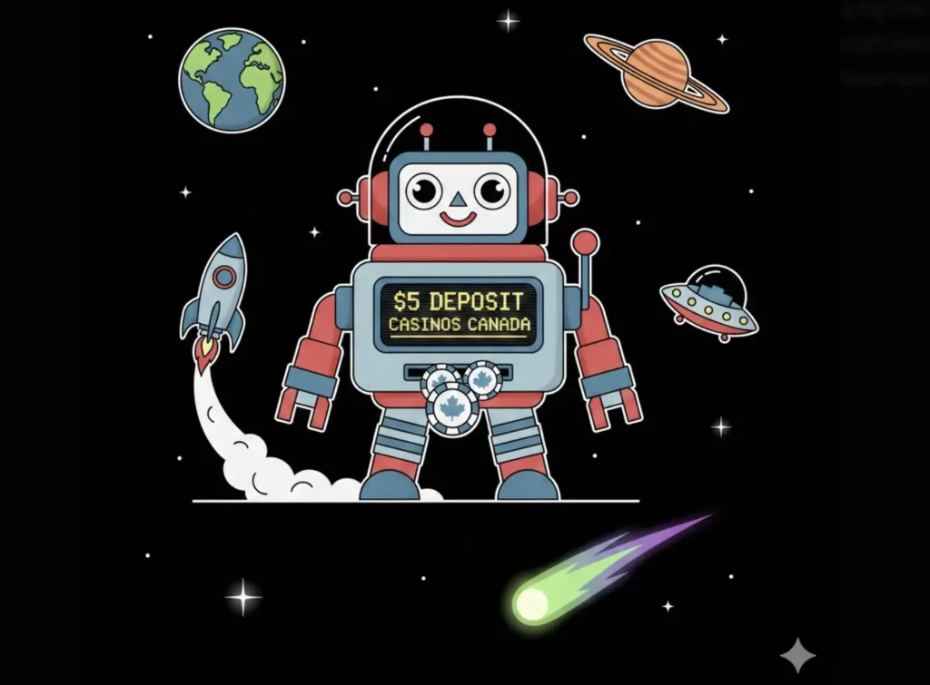 Robot with $5 deposit casinos Canada text and maple leaf chips in space for Freeslots99