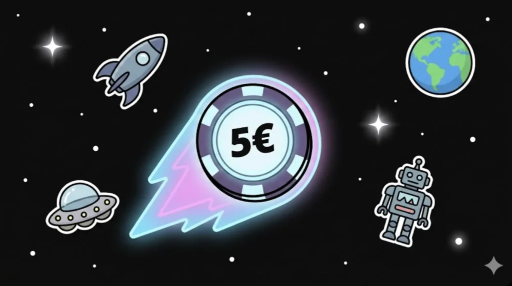 Rocket built from 5€ casino chips flying in space, illustrating 5 Euro Deposit Casino