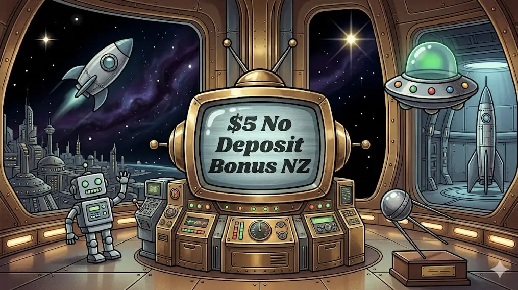 $5 No Deposit Bonus NZ screen inside a retro space station for freeslots99.com