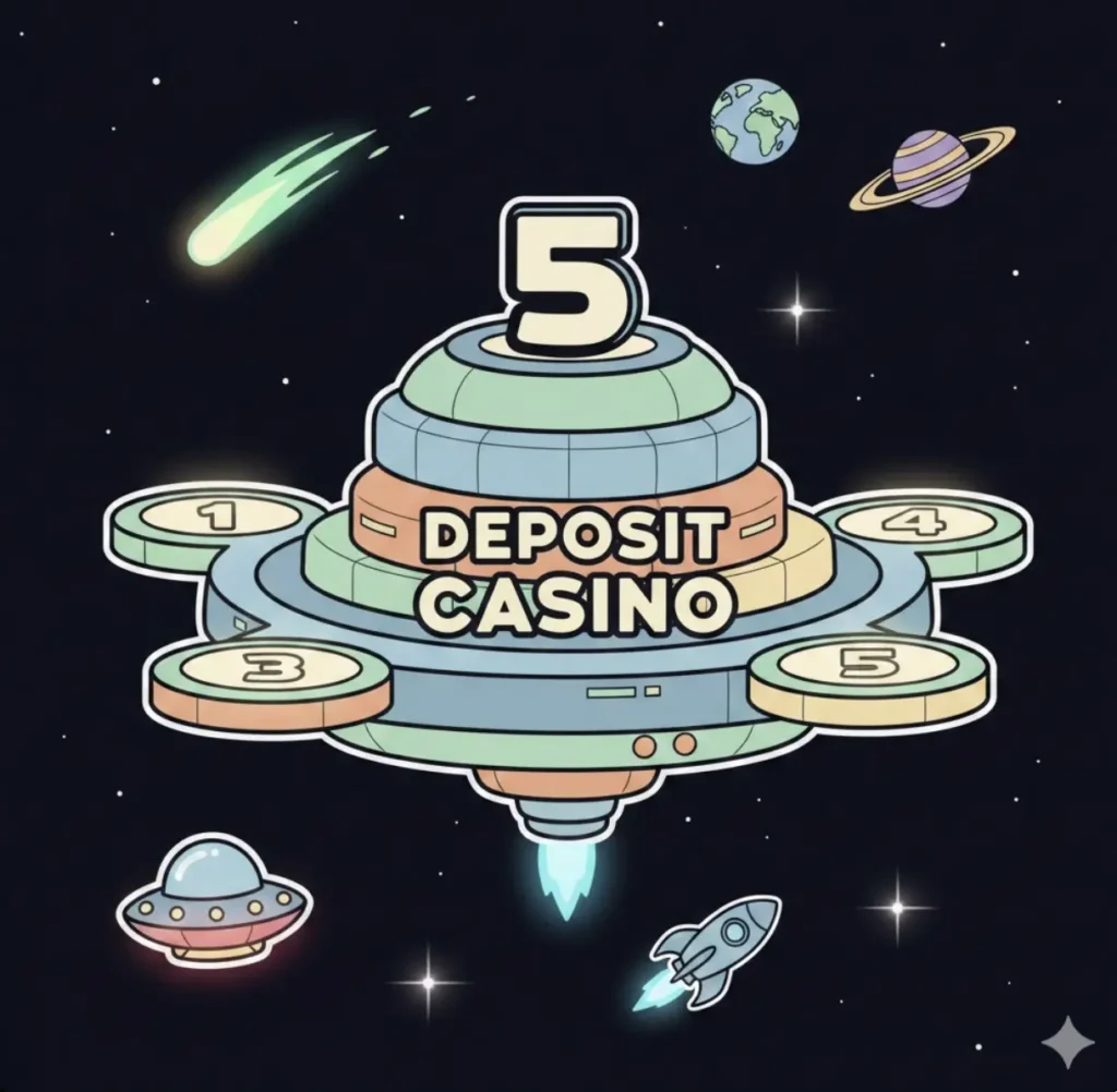 5 deposit casino logo with a spaceship and coins on a dark space background
