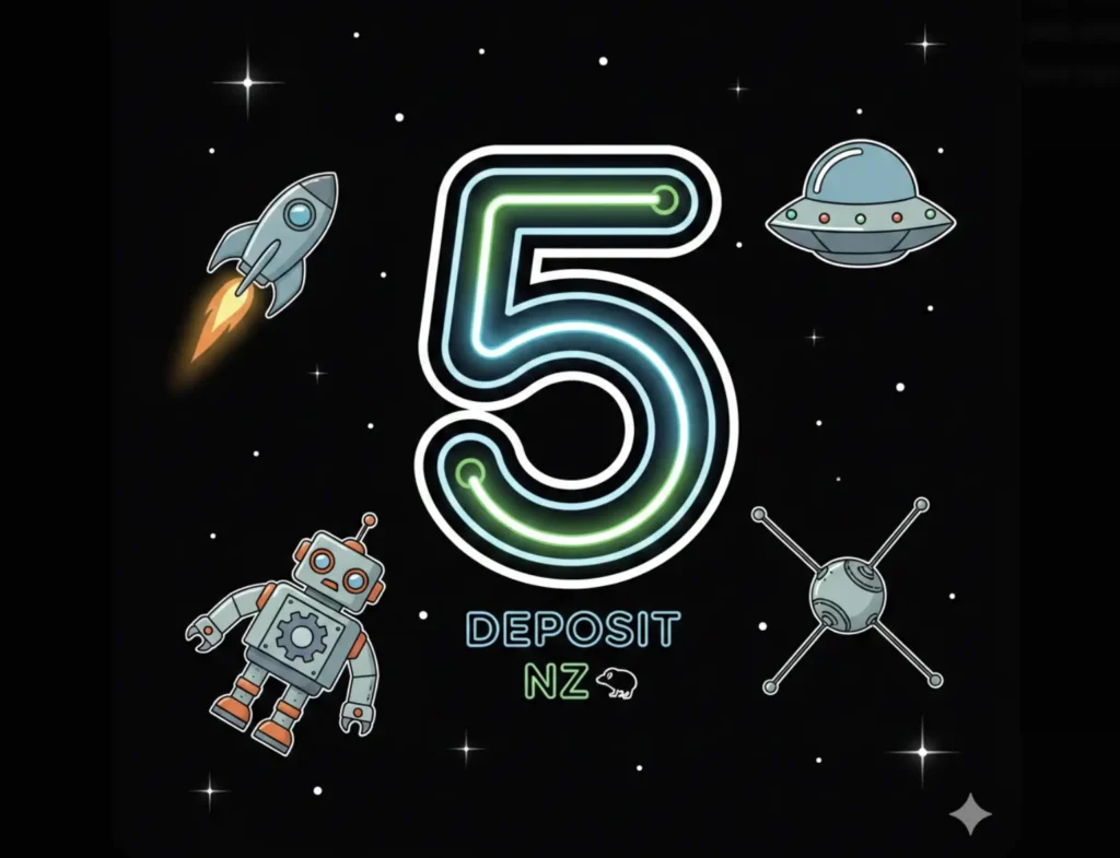 Neon number 5 with space elements representing 5 deposit NZ casinos on FreeSlots99