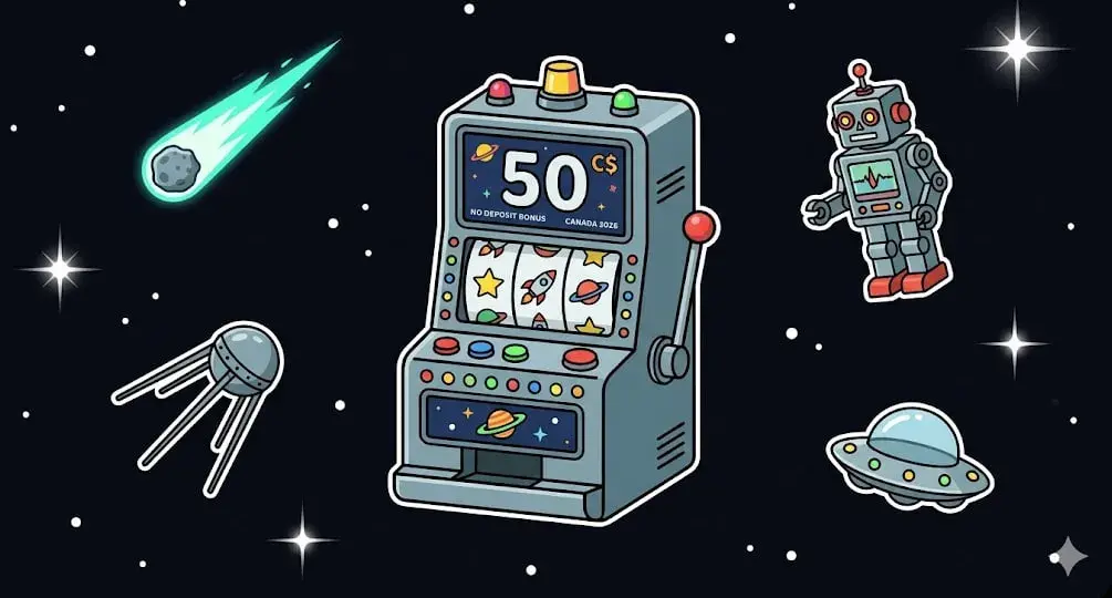 Space slot machine showing 50 free spins with robot and UFO — casino bonus illustration for freeslots99.com