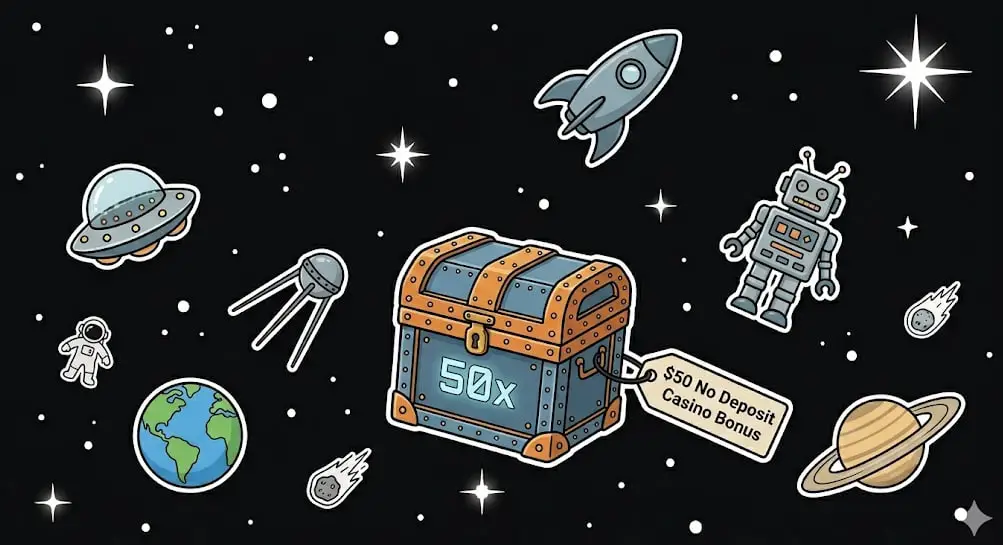Space scene with a treasure chest and $50 bonus tag for FreeSlots99 galactic theme