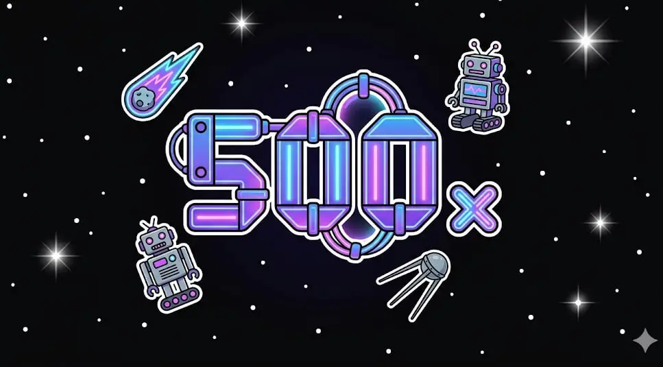Futuristic neon 500x multiplier symbol in deep space surrounded by robots, a satellite, and a comet for freeslots99.com gaming.