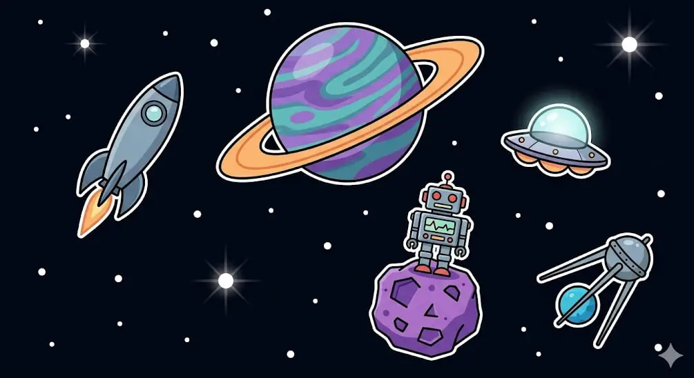 Intergalactic space scene featuring a ringed purple planet, rocket, UFO, satellite, and a robot standing on an asteroid for freeslots99.com gaming.