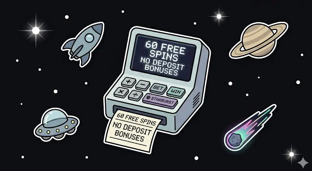 Retro machine printing extra spins in space for FreeSlots99 galactic no deposit bonus theme