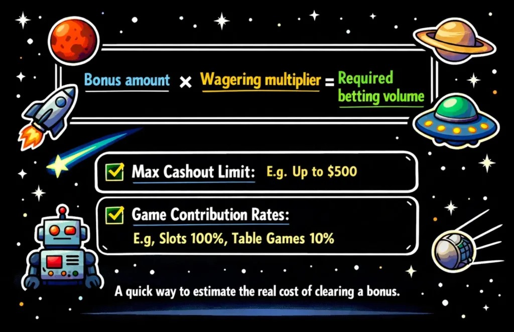 Formula showing how to calculate wagering requirements for a casino bonus