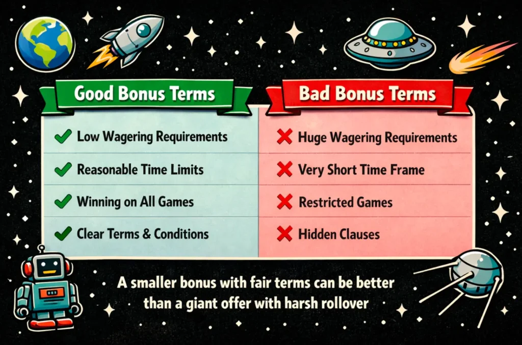 Checklist comparing good welcome bonus terms versus bad bonus terms