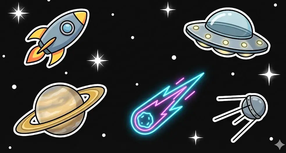 <alt="Cartoon space illustration with rocket, UFO, Saturn, glowing comet, and Sputnik satellite on starry background, symbolizing online casino theme for www.freeslots99.com