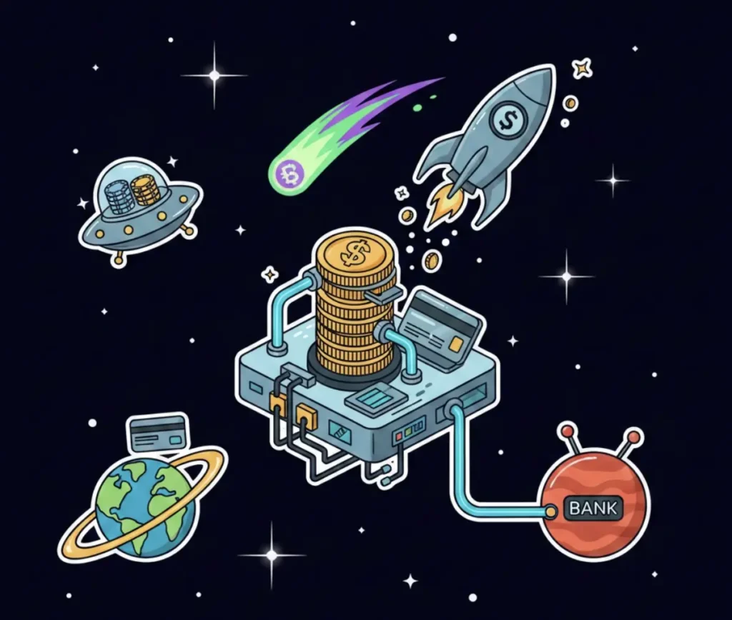 Space-themed bank transfer illustration with coins and rocket for FreeSlots99.com bank casino guide