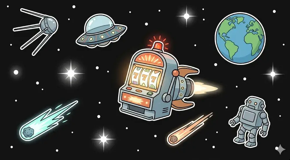 Space slot machine with UFO, robot and Earth — retro-futuristic online casino illustration for freeslots99.com