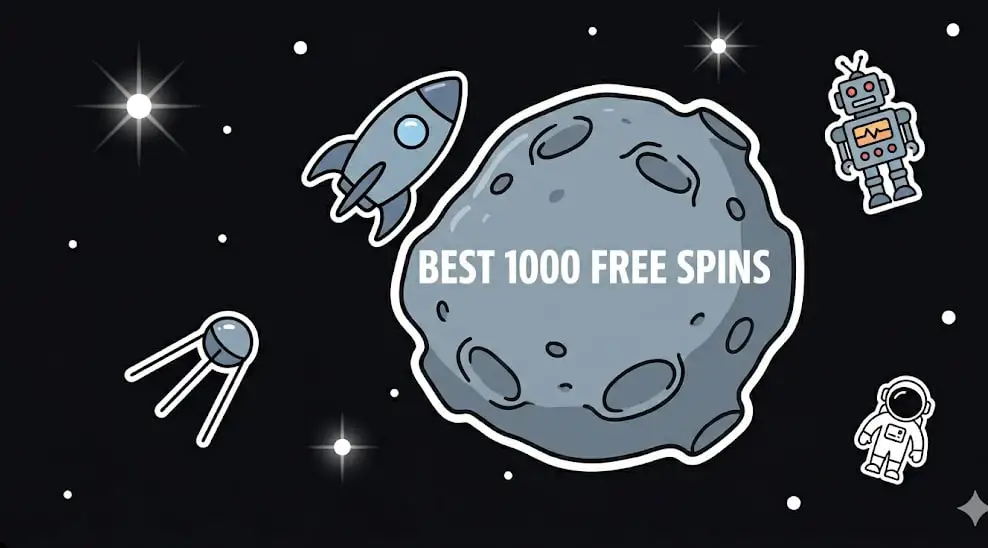 Space illustration with 1000 free spins on an asteroid for FreeSlots99 galactic bonus theme
