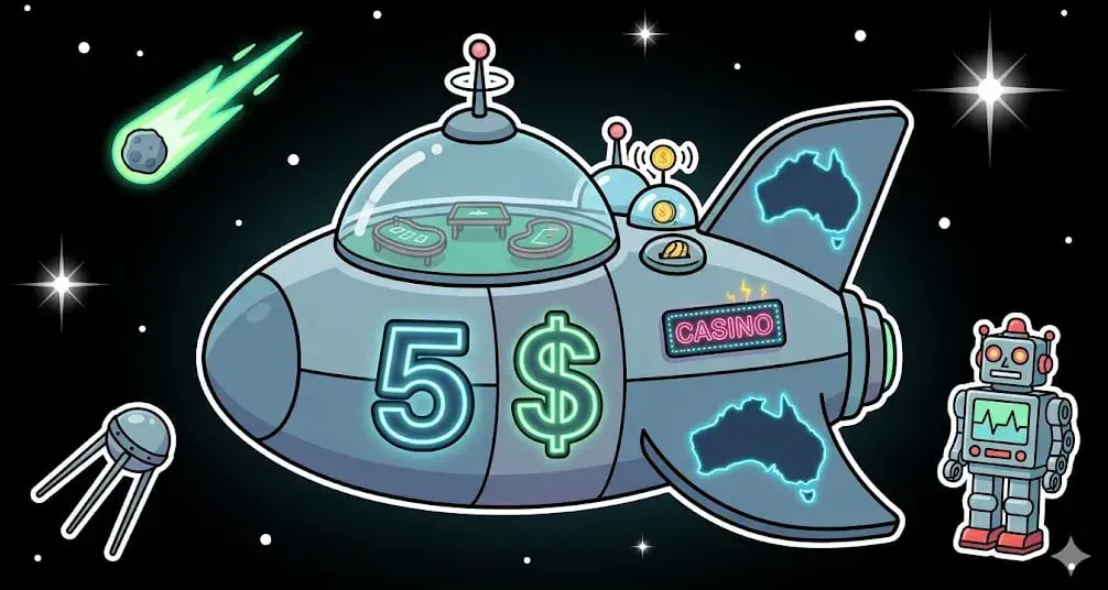 <alt="Spaceship with neon 5$ and Casino signs, robot and Australia outlines in space, symbolizing online casino theme for www.freeslots99.com