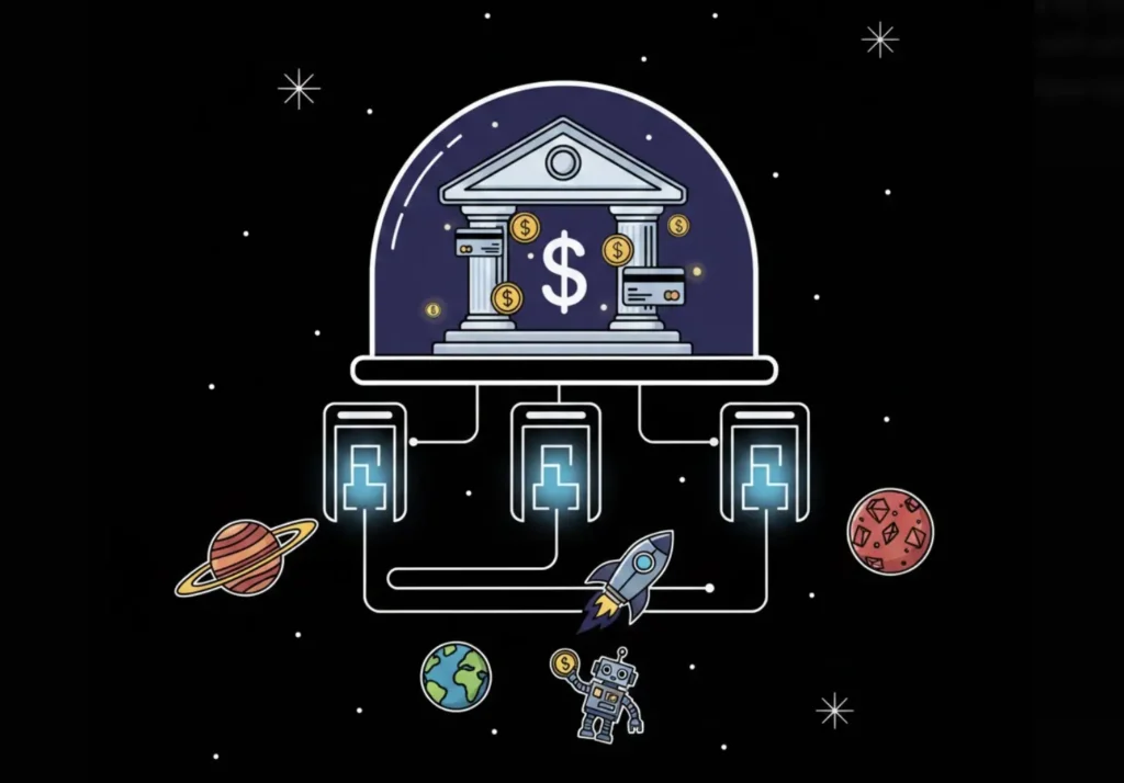 A bank building with dollar coins in space, illustrating bank transfer casino payments on FreeSlots99.com