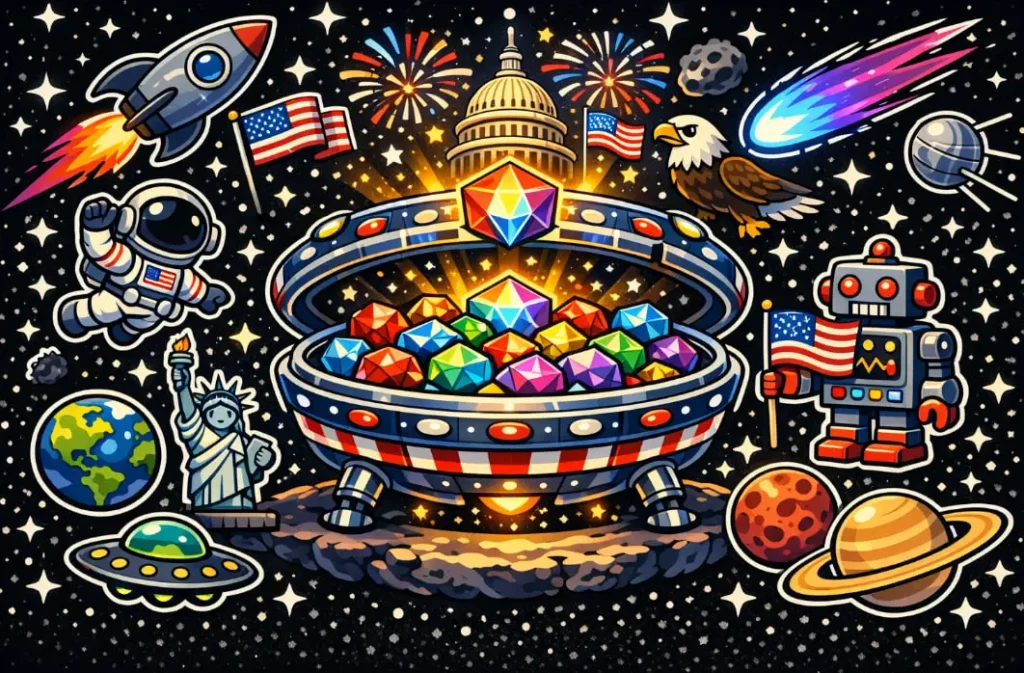Retro-futuristic space illustration with American symbols, colorful gems, and cosmic elements for freeslots99 page