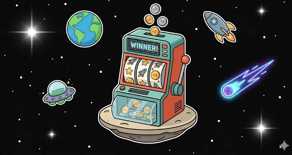 Slot machine labeled WINNER! floating on rock in space with Earth, rocket, UFO, and comet, symbolizing online casino theme for www.freeslots99.com