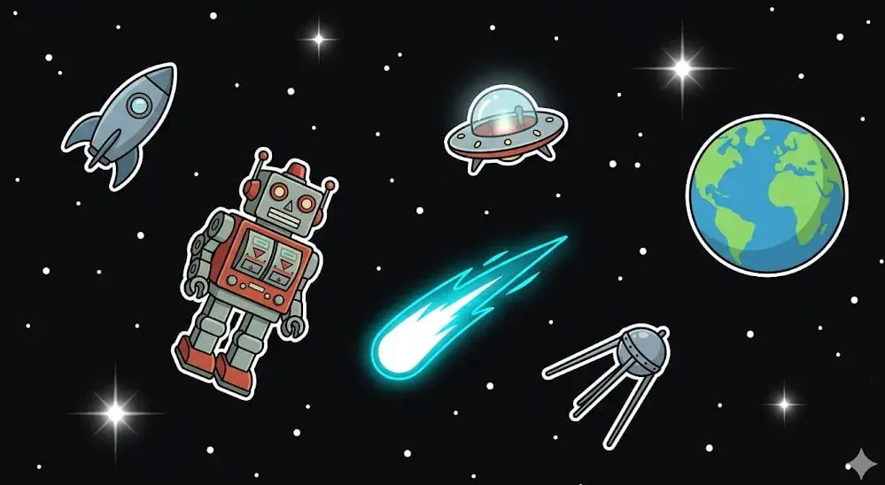 Robot, rocket, UFO, Earth, and comet in colorful outer space scene, symbolizing online casino theme for www.freeslots99.com