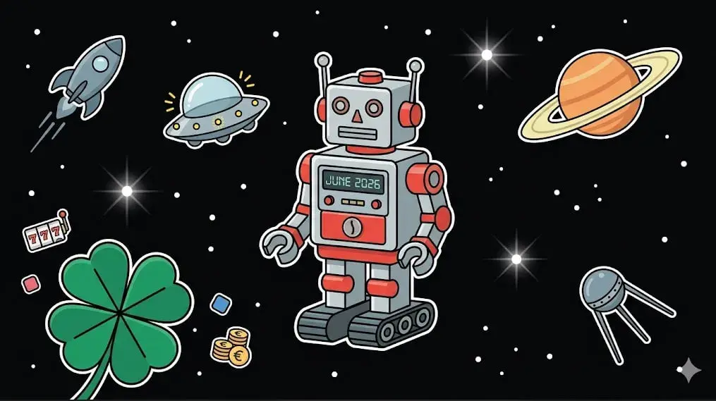 June 2026 robot with an Irish shamrock in space for freeslots99.com